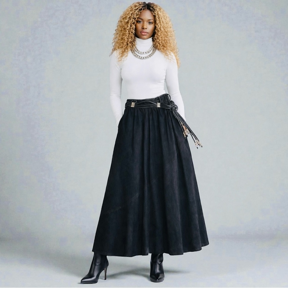 Statement Suede Maxi Skirt With Metal Bead Detail